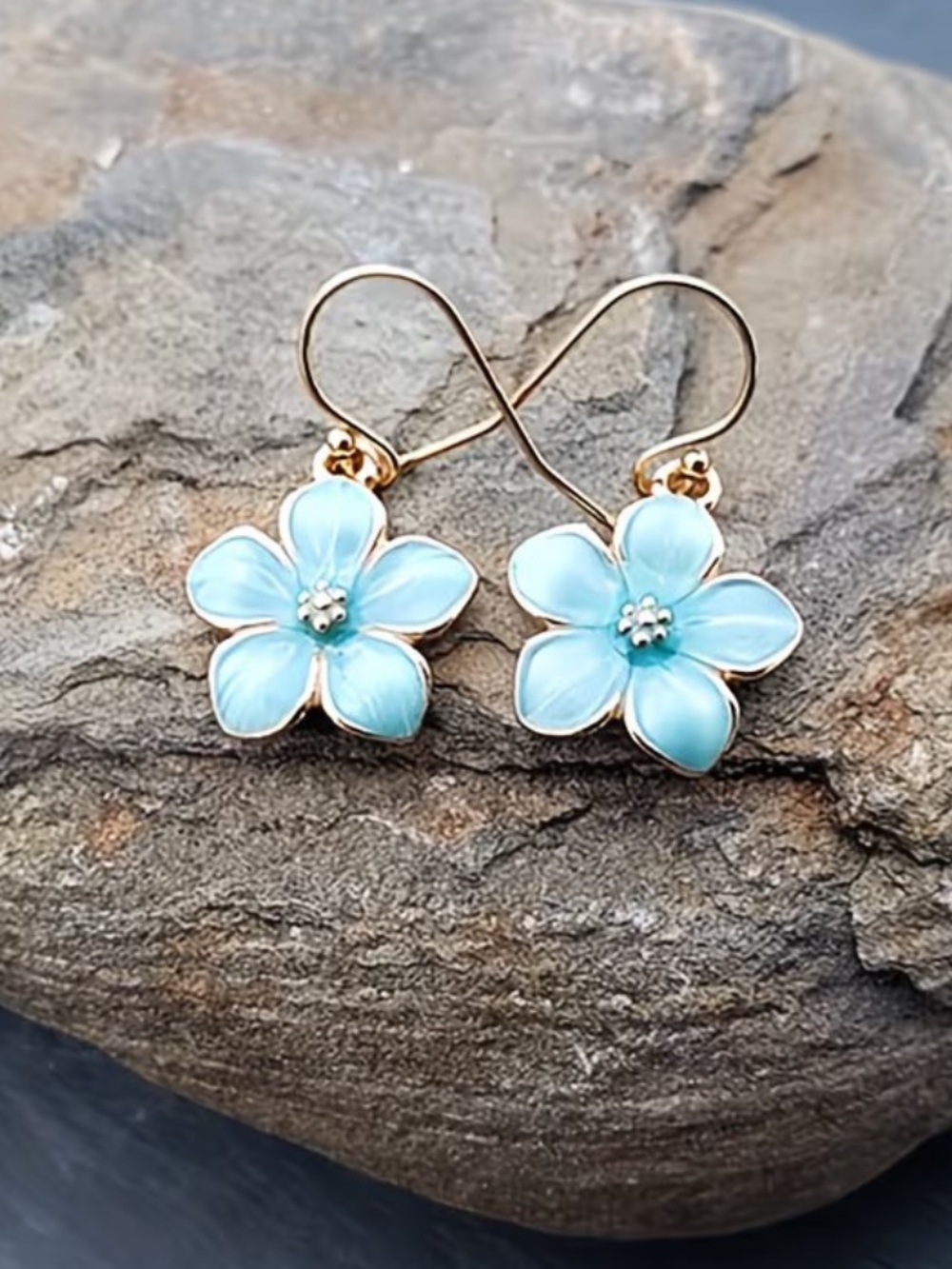 Light Blue Floral Drop Earrings - Gold Tone